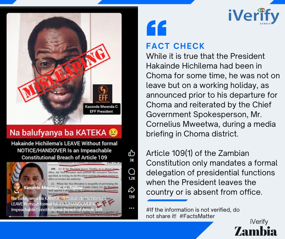 Fact Check: President Hakainde Hichilema was on a working holiday, not leave