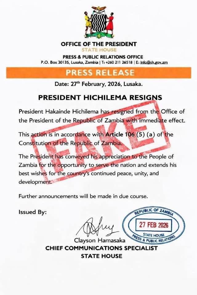 False: President Hakainde Hichilema has not resigned 