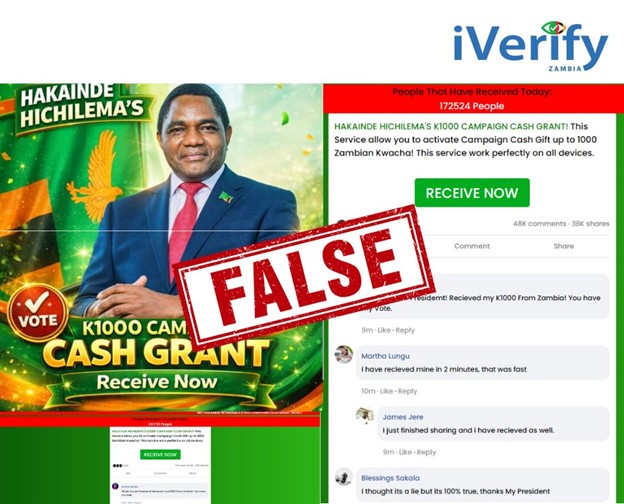 FALSE: President Hakainde Hichilema is not offering K1000 Campaign Cash Grant 