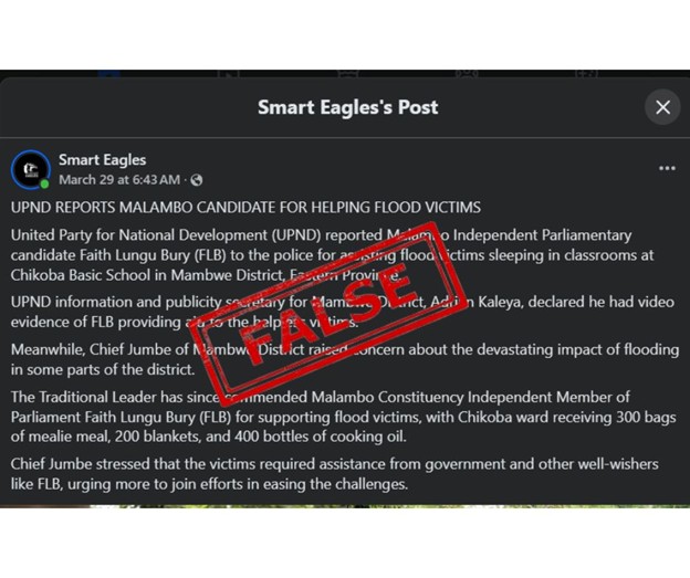 No evidence UPND reported independent candidate Faith Lungu Bury to Police for helping flood victims