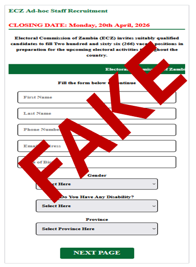 Scam Alert: Fake ECZ Recruitment Website Circulates Online