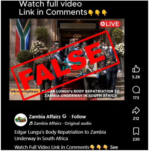 AI-Generated Video Falsely Claims to Show Repatriation of Former President Edgar Lungu’s Body