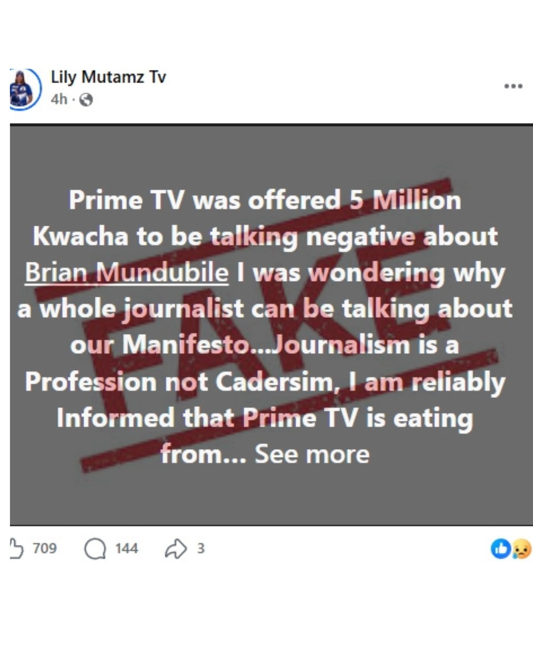 No proof Prime TV was paid K5 million or any other amount to speak negatively about Brian Mundubile