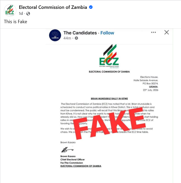 Purported ECZ statement condemning Mundubile’s planned Kitwe rallies is fake