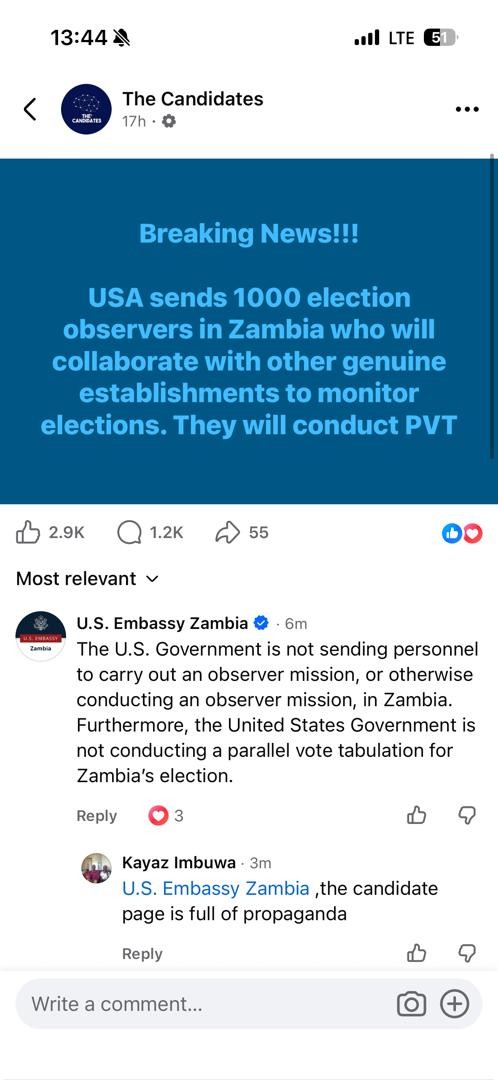 U.S. Government not sending 1,000 election observers nor conducting a PVT in Zambia’s Elections
