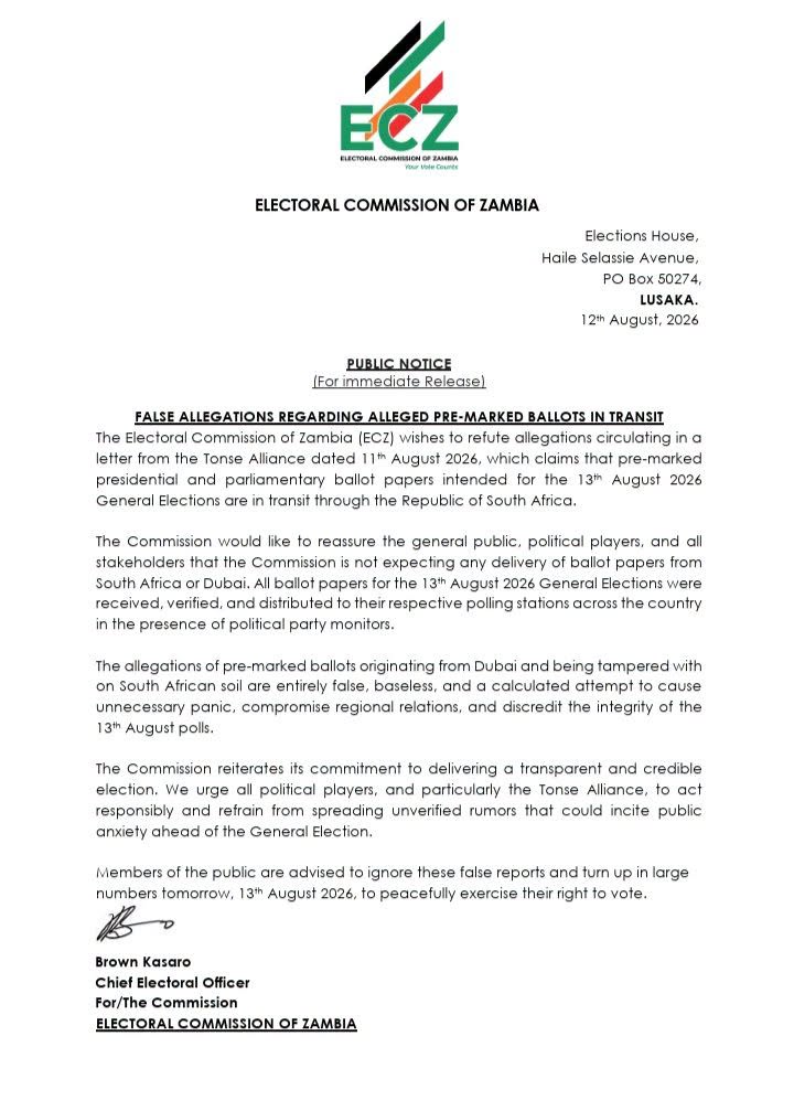 Tonse claim of pre-marked ballots in transit to Zambia through South Africa is false